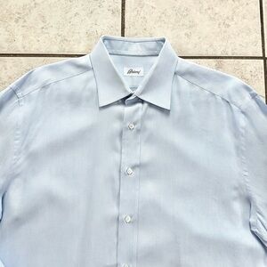 Brioni Blue Button Up Long Sleeve Shirt Large 17.5 Microgrid Italy Designer